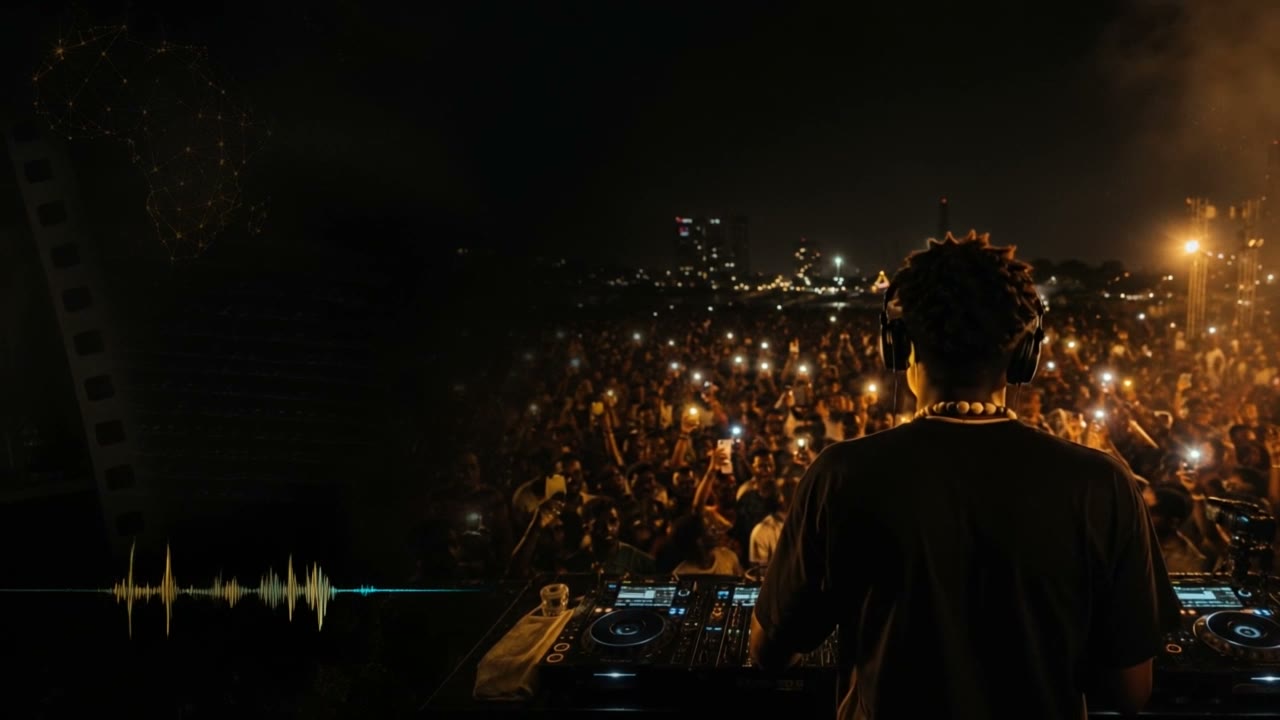 Concept image of a DJ facing a crowd at an outdoor night performance.